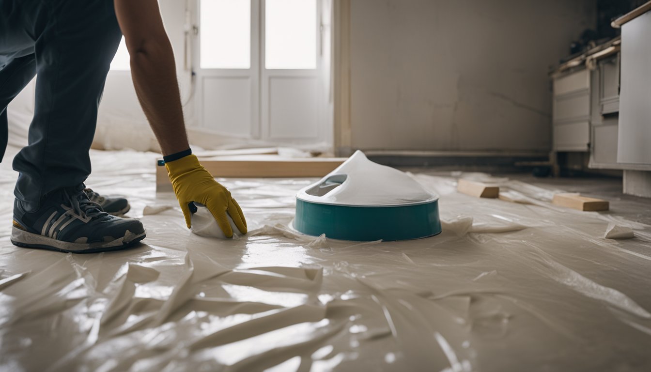 A person covering furniture and floors with plastic sheets while sanding and painting walls in a partially demolished room