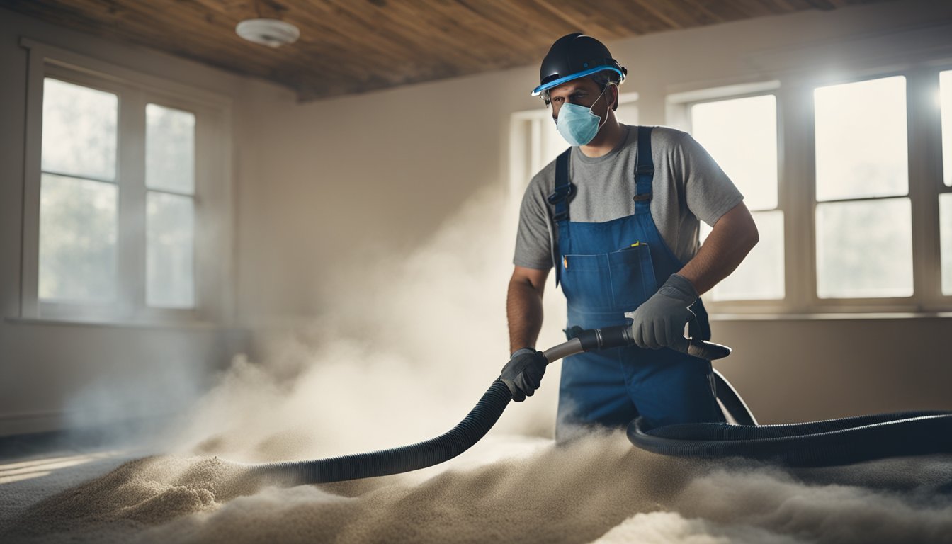 A room filled with floating dust particles, as a worker uses a vacuum and dust mask to manage dust during home renovations