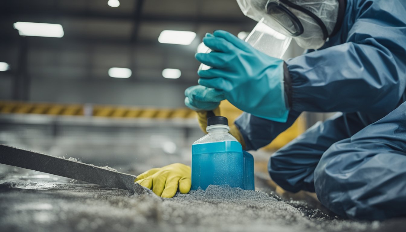 A worker wears protective gear while carefully removing asbestos tiles with a scraper and wetting agent. A sealed container collects the debris