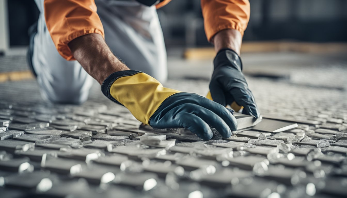 A worker wearing protective gear carefully removes asbestos tiles from the floor using specialized tools and following safety procedures