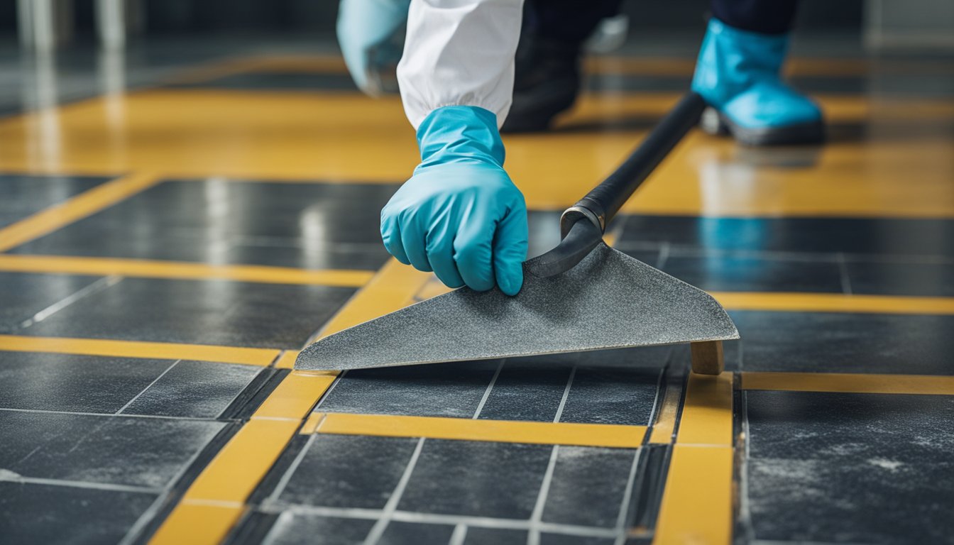 A person wearing protective gear carefully removes asbestos tiles from the floor using a specialized tool