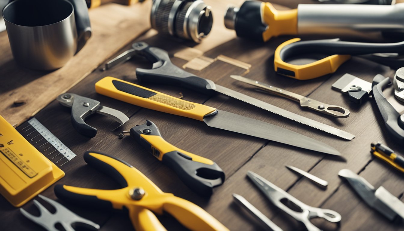 Tools and materials laid out for home renovations. Safety equipment visible. Plans and measurements on a table