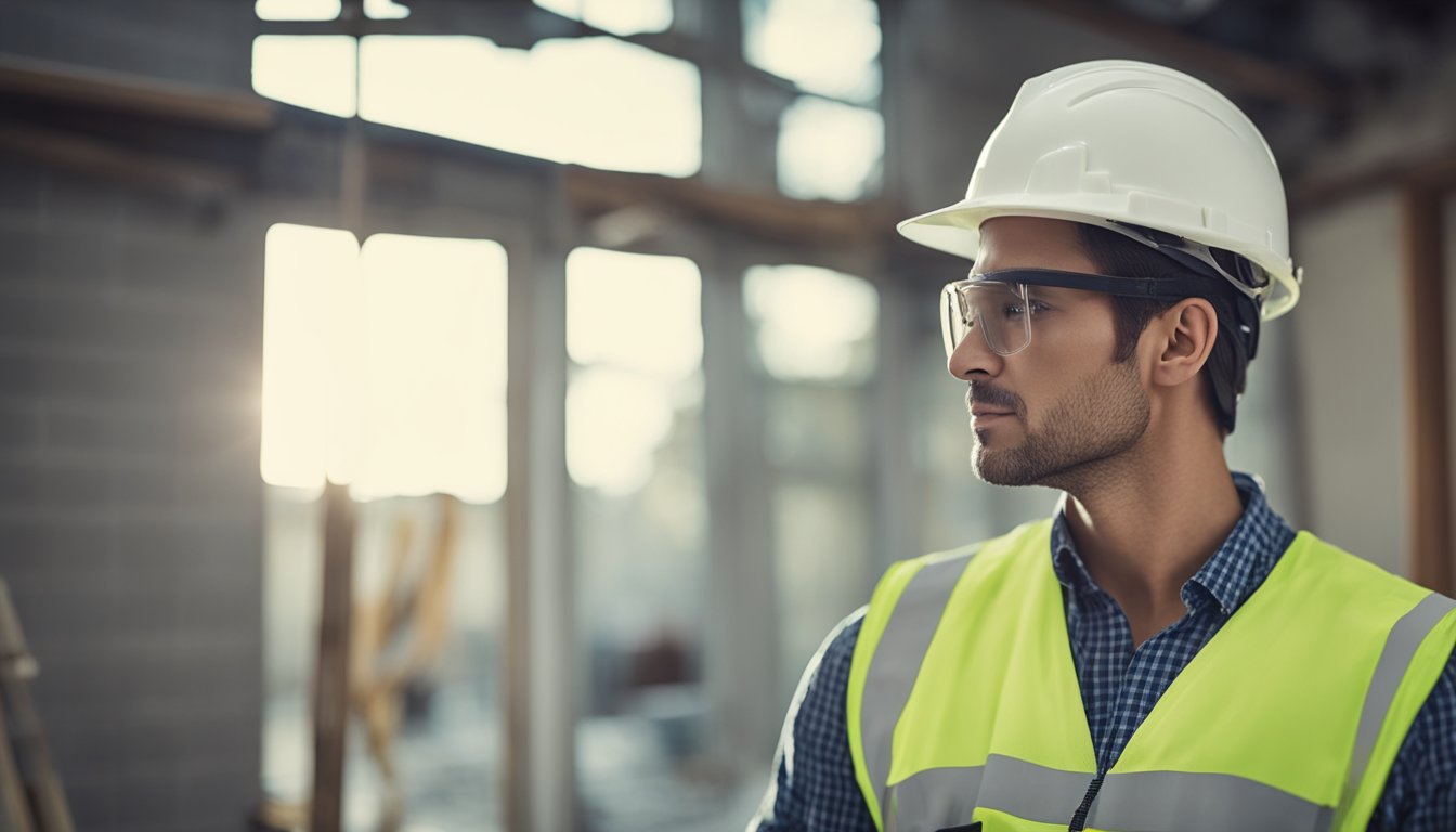 A construction worker wearing a hard hat and safety gear, carefully renovating a home while following safety protocols and using protective equipment