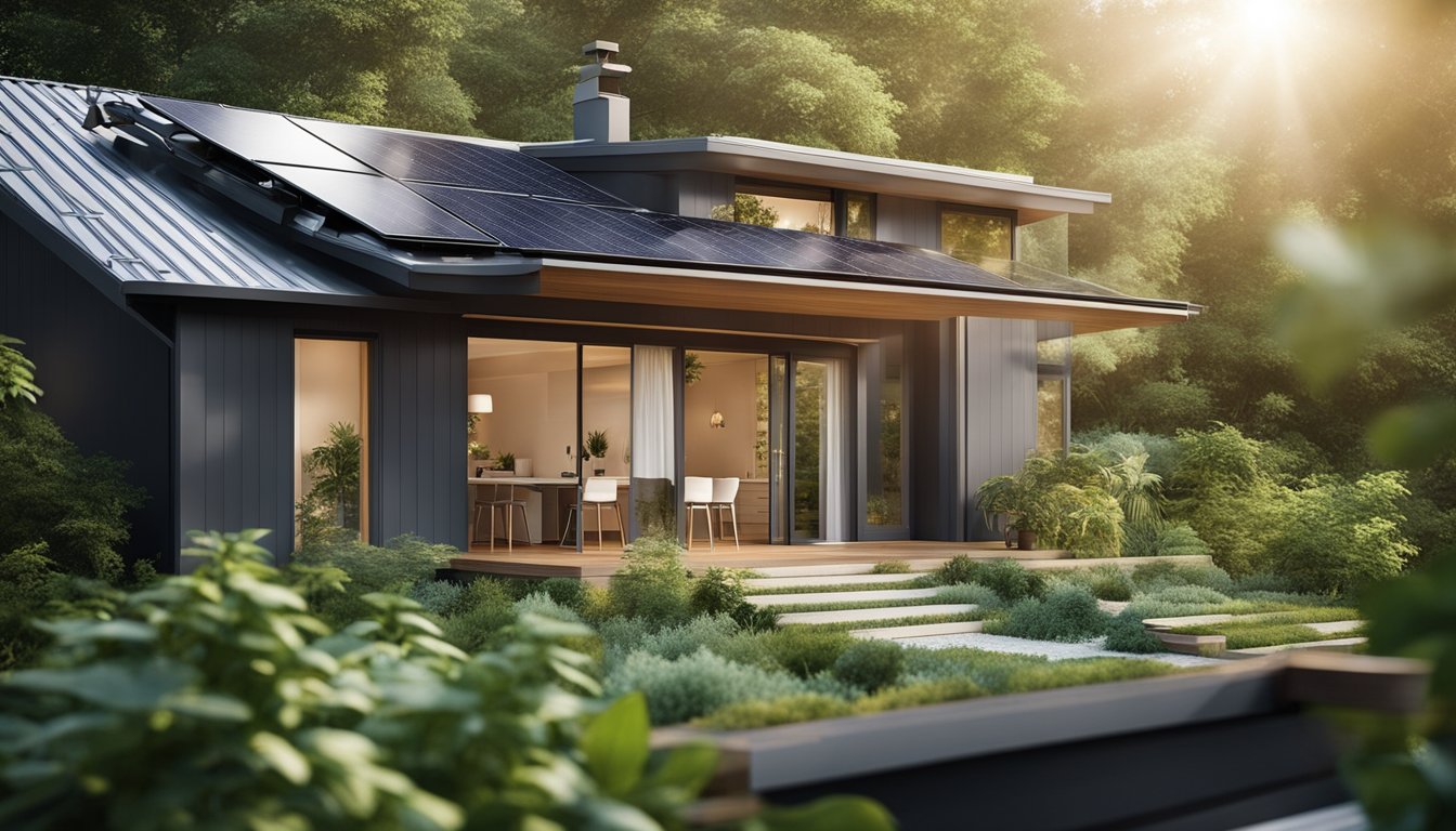 A cozy home with eco-friendly insulation, surrounded by greenery and solar panels on the roof. Wildlife thrives in the lush environment, showcasing the benefits of sustainable living