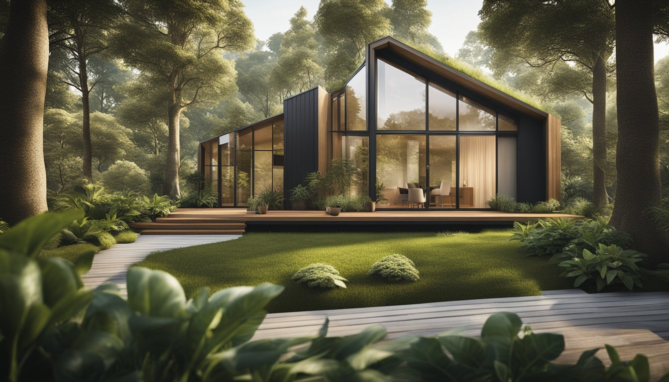 A serene landscape with a modern eco-friendly home surrounded by lush greenery, showcasing the benefits of using sustainable insulation materials