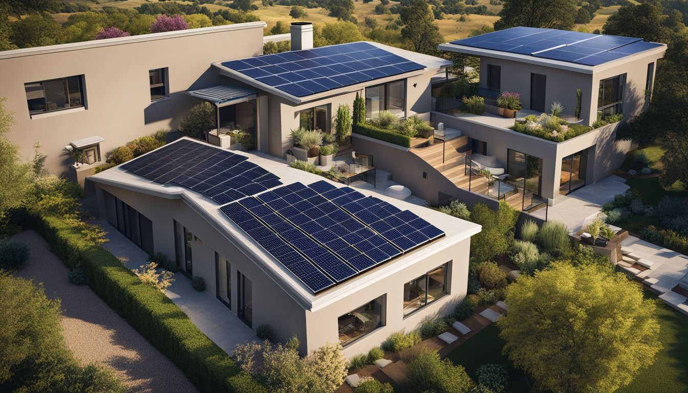 A modern home with solar panels on the roof, a rainwater harvesting system, and energy-efficient appliances. Native plants in a water-wise garden