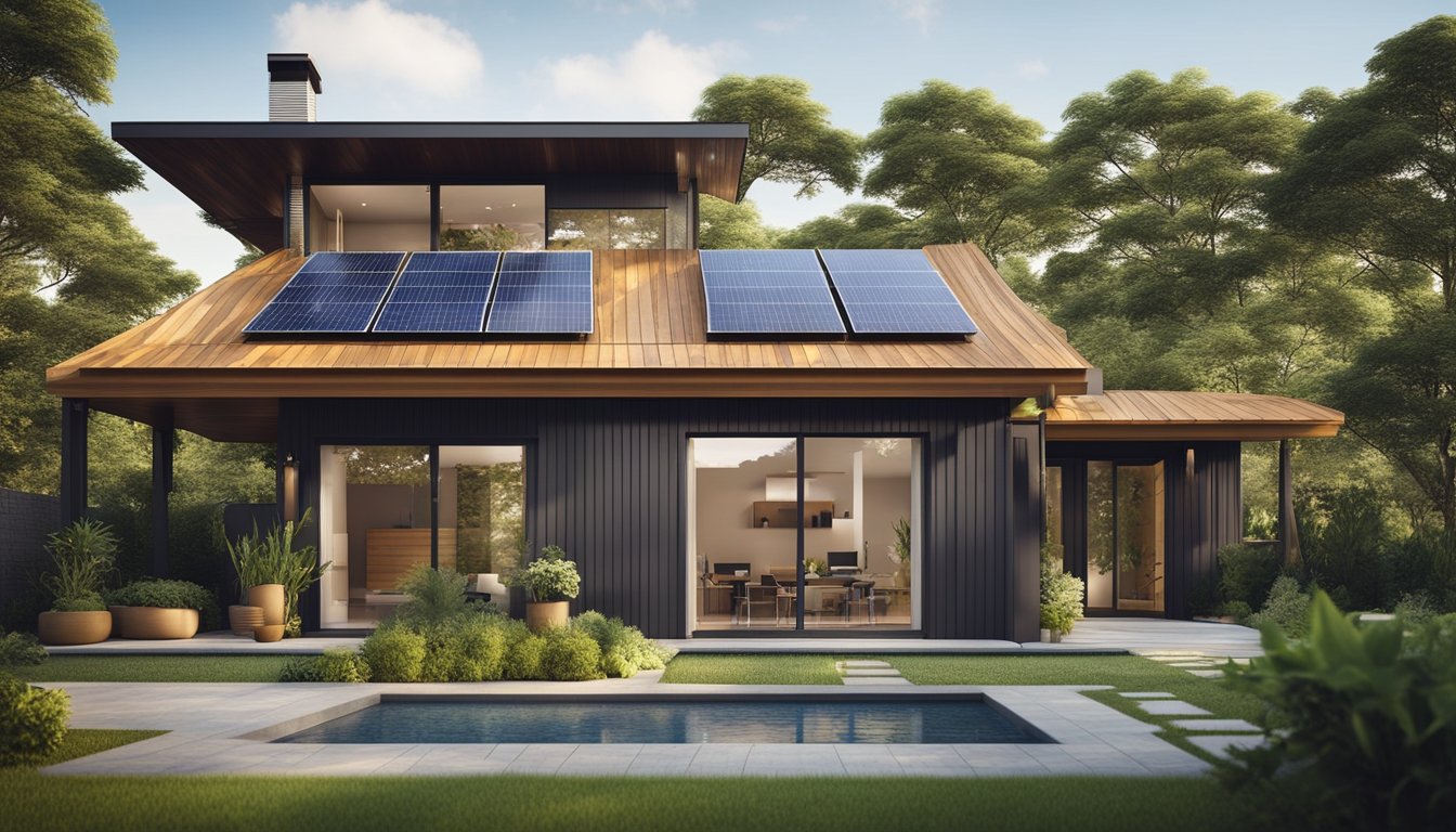 A modern, sustainable home with solar panels, rainwater harvesting system, and energy-efficient appliances. Lush green landscaping and recycled materials used in construction