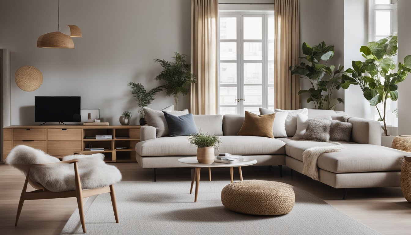 A cozy living room with minimalist furniture, natural lighting, and functional storage solutions. Clean lines and neutral colors create a modern, stylish atmosphere