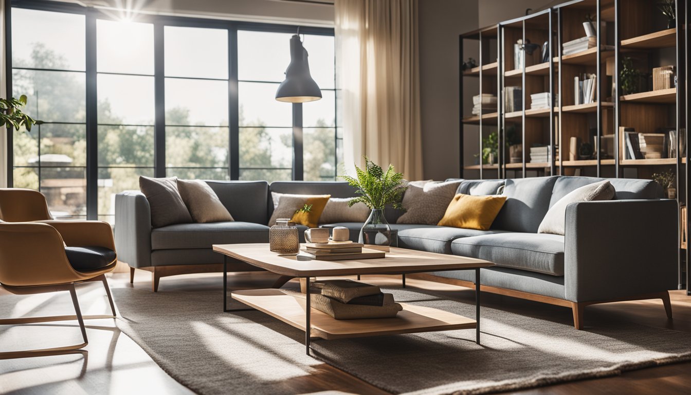 A cozy living room with a modern sofa, a stylish coffee table, and a bookshelf filled with home improvement books. Bright natural light streams in through the window, illuminating the space