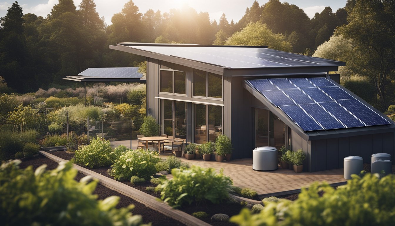 A house surrounded by solar panels and a rainwater collection system, with a garden featuring native plants and a composting area