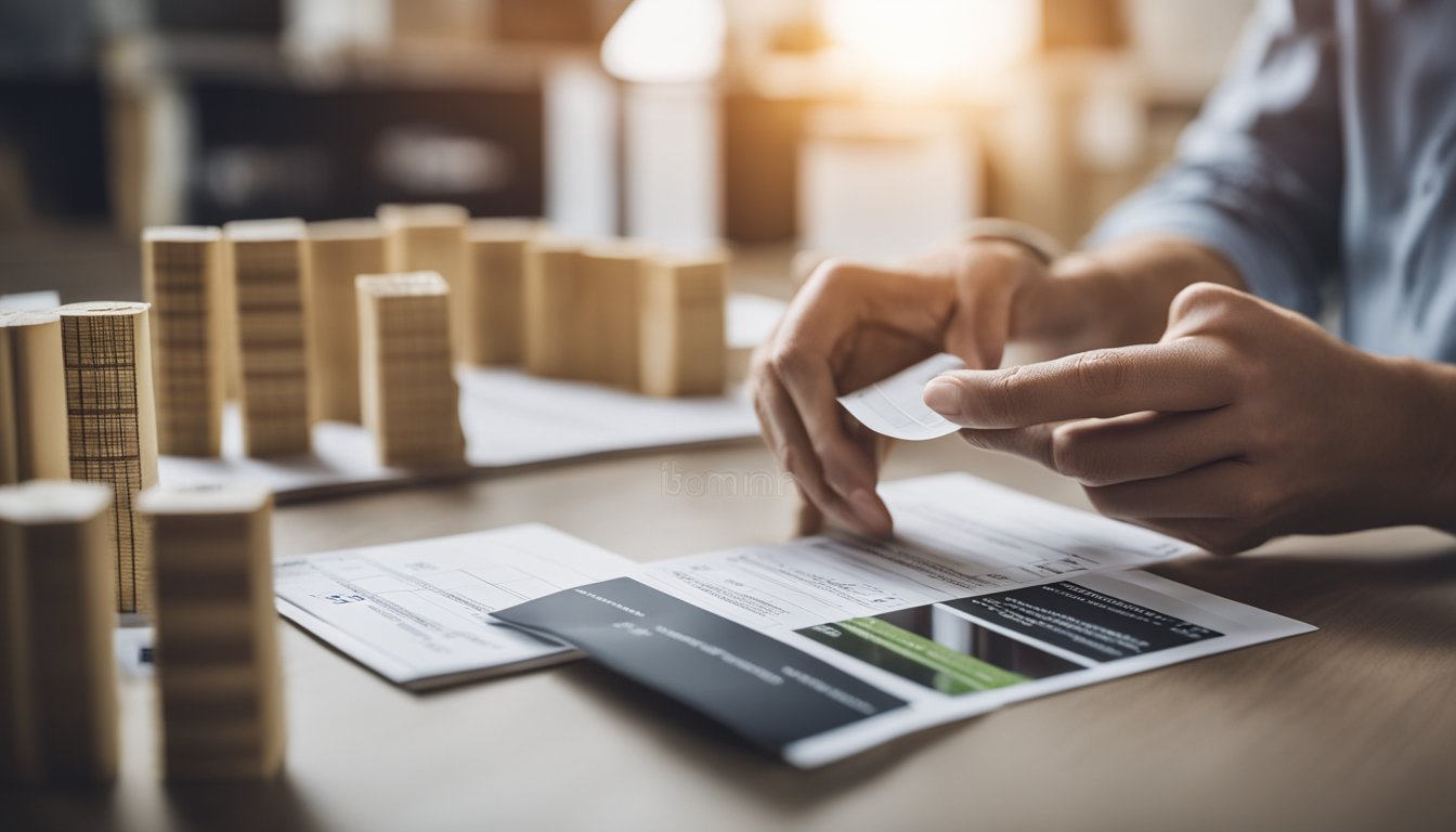 A person researching eco-friendly building materials, comparing samples and reading product labels for home renovations