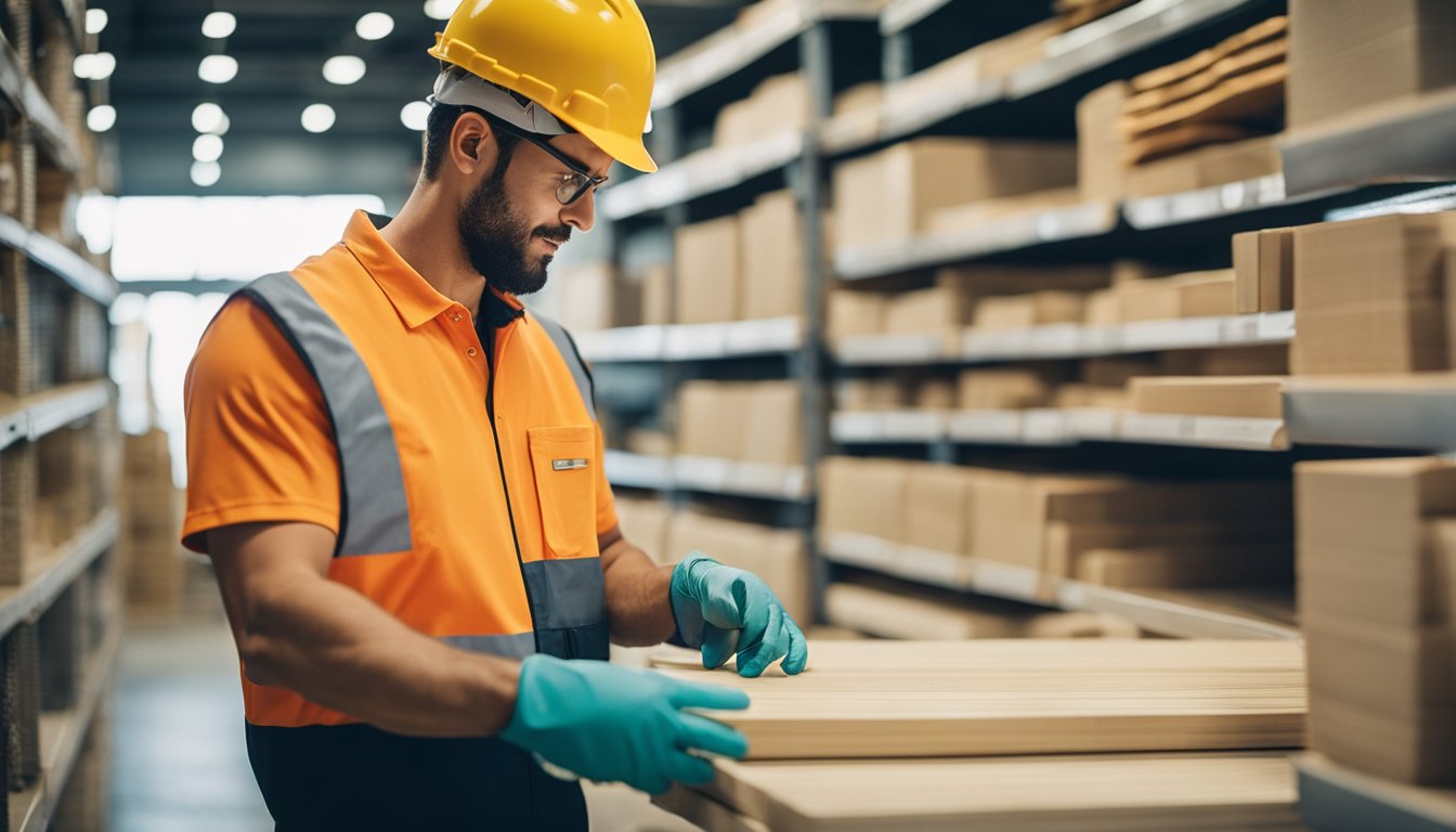 A person wearing a hard hat and gloves selects non-toxic, eco-friendly building materials from a display in a home improvement store