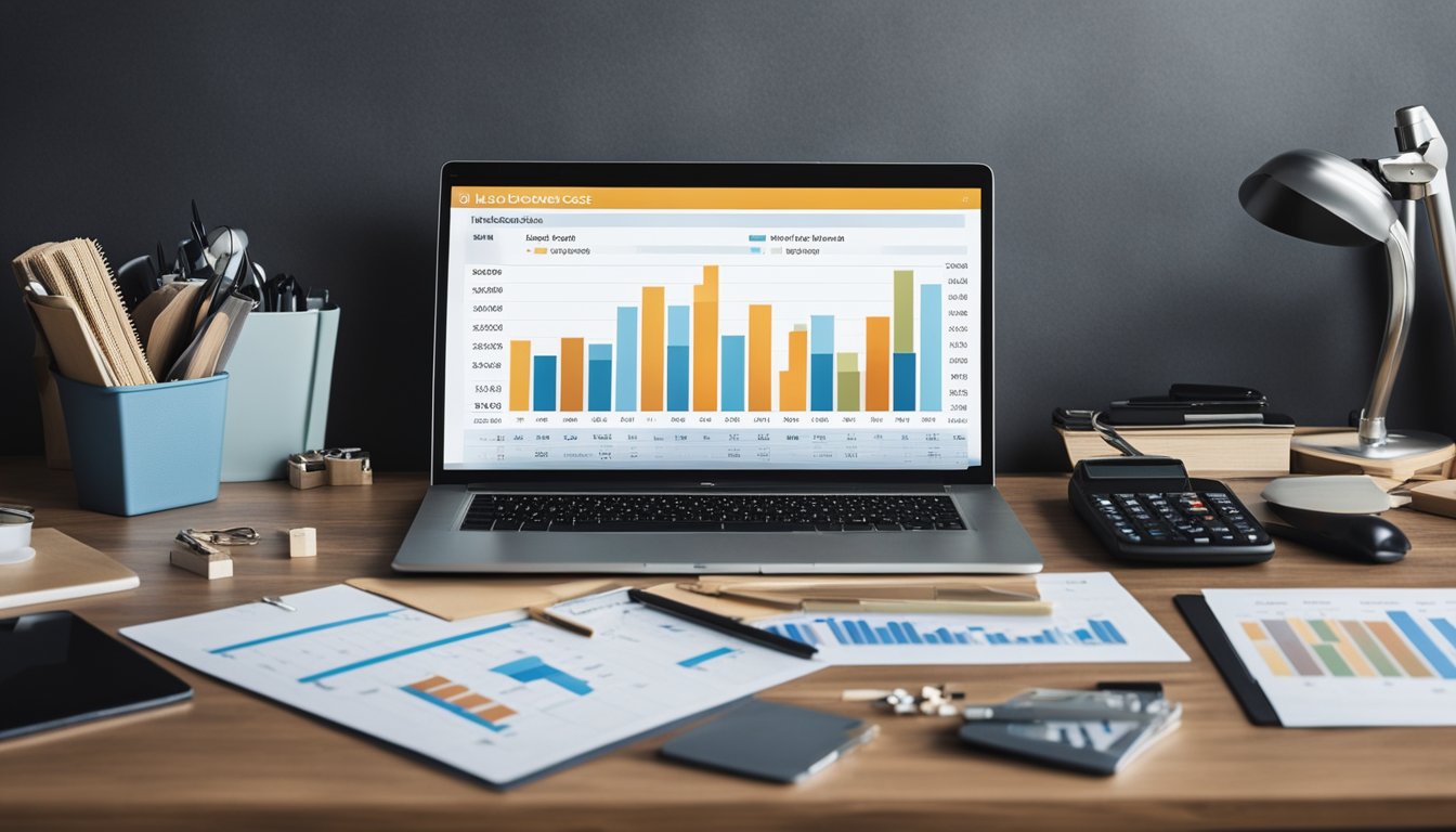 A table with different material samples and a chart comparing labor costs. A toolbox and budgeting spreadsheet on a desk