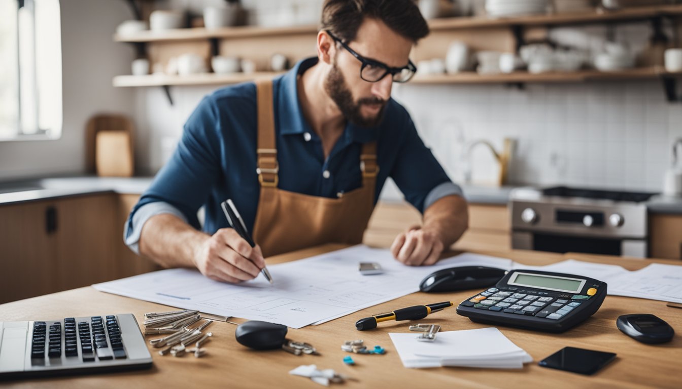 A homeowner researching cost-saving tips for home renovation, surrounded by tools, materials, and a budget spreadsheet