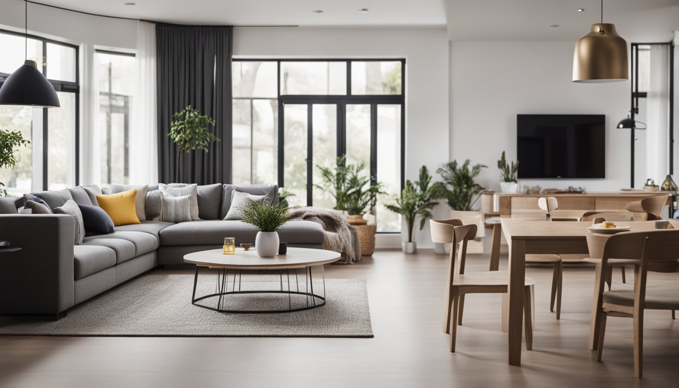 A cozy living room with minimalist furniture, natural light, and pops of color. Open floor plan with a functional kitchen and dining area