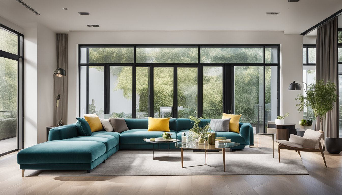 A bright, spacious living room with sleek, minimalist furniture and pops of color. Large windows let in natural light, highlighting the modern design elements