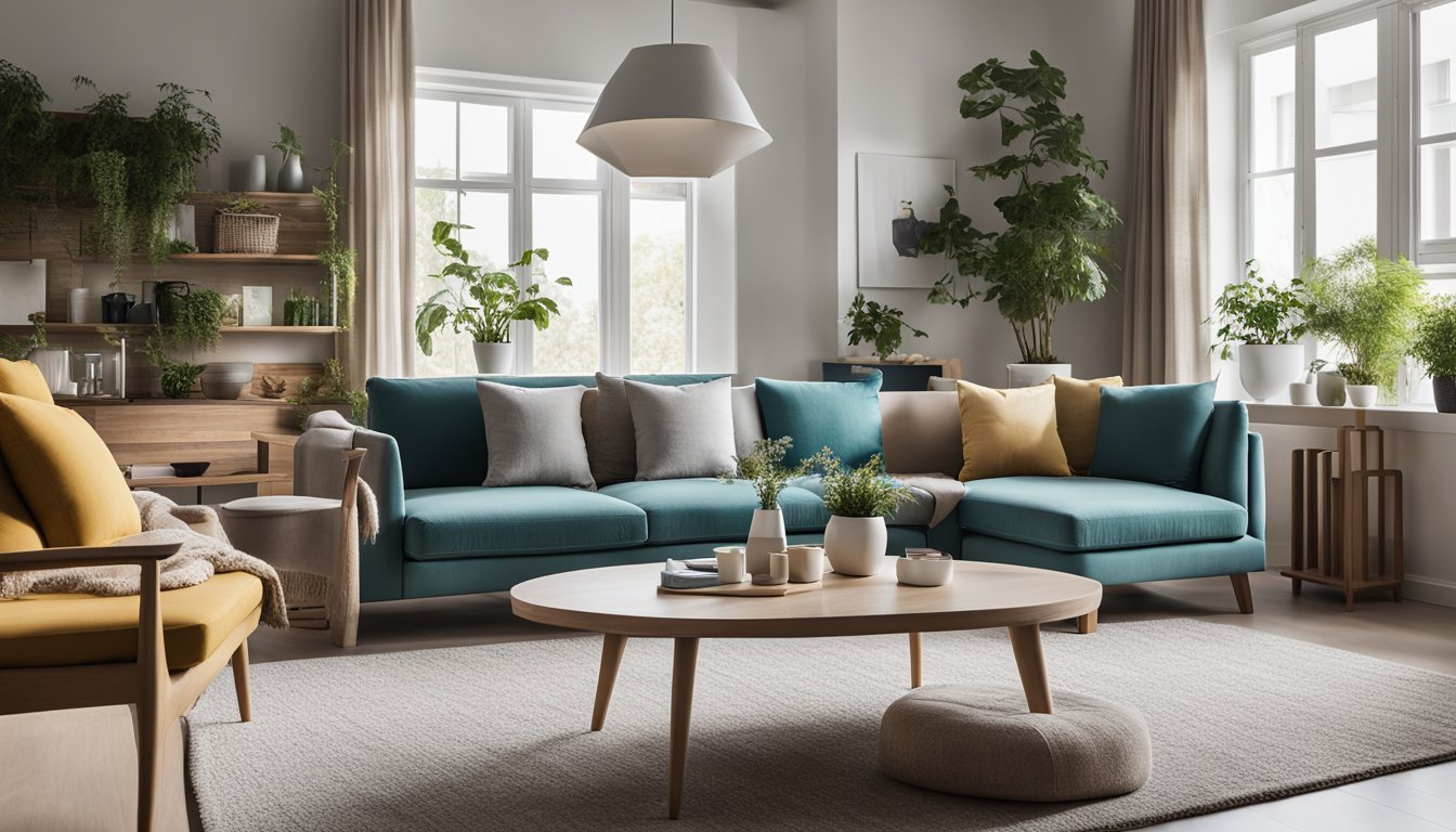 A cozy living room with sleek, minimalist furniture and pops of color. Large windows let in natural light, and a budget-friendly design is evident in the use of affordable materials and smart space-saving solutions