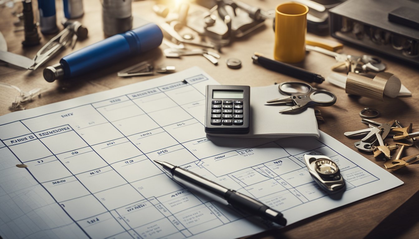 A calendar with dates and tasks for home renovation, tools and materials scattered around, a blueprint of the house on the table