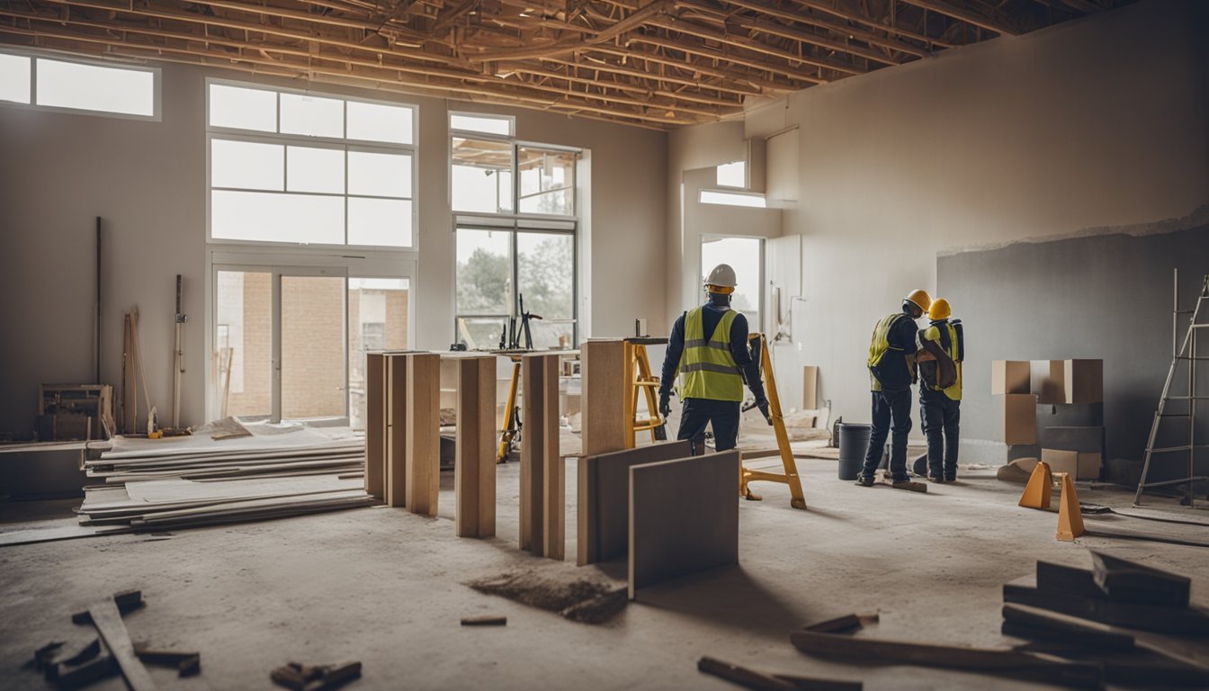 A construction site with workers renovating a house, equipment and materials scattered around, a calendar with a detailed renovation schedule pinned to the wall