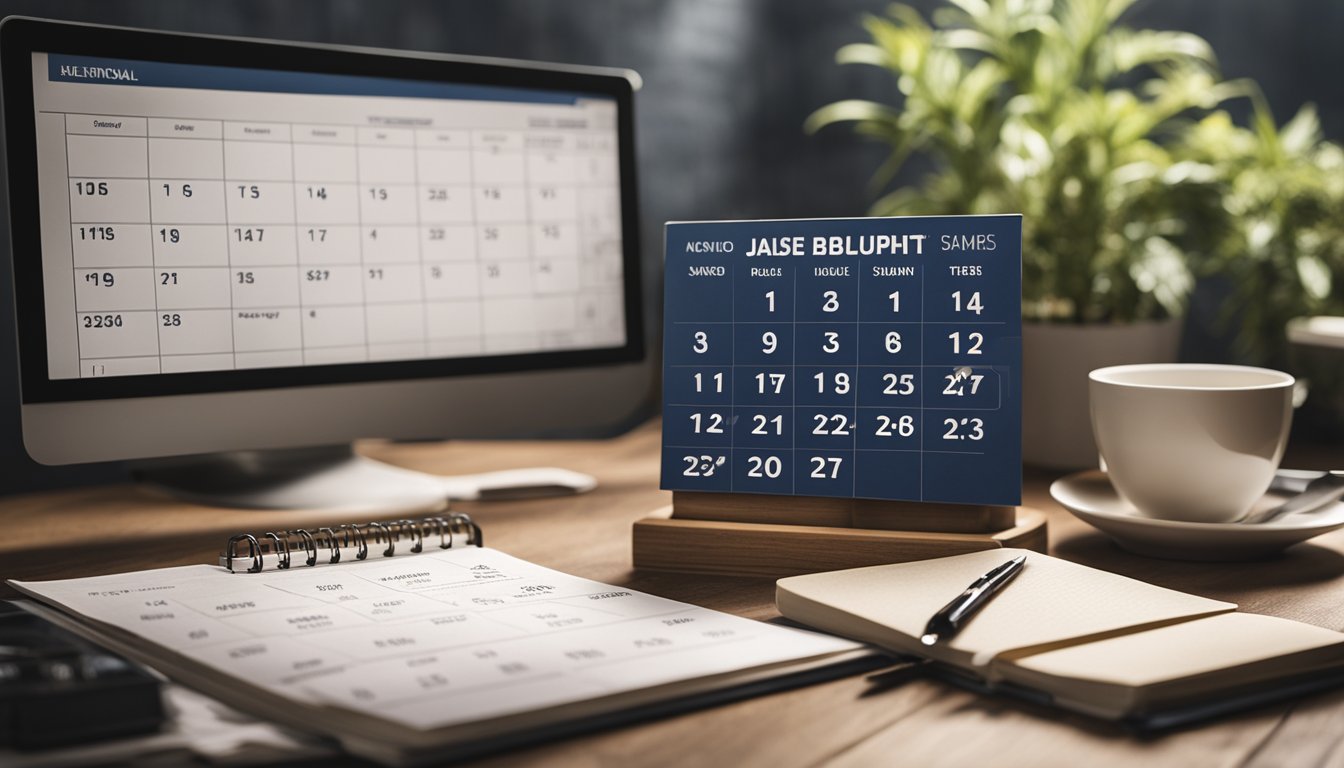 A calendar with dates and tasks, a house blueprint, tools, and materials organized on a table