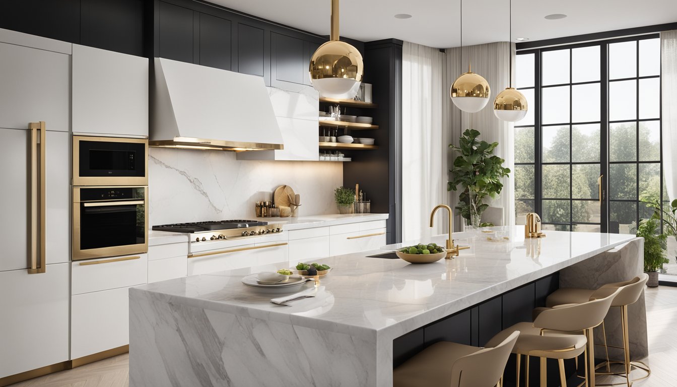 A modern kitchen with sleek, white cabinets and gold hardware. A marble waterfall island with pendant lights. Smart appliances and a touchless faucet