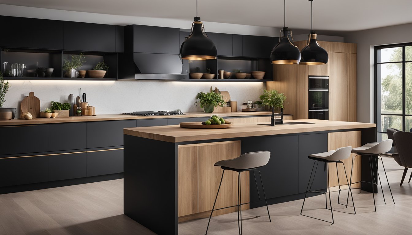 A modern kitchen with sleek, minimalist design features. Matte black cabinets contrast with natural wood accents. Cutting-edge appliances and integrated smart technology