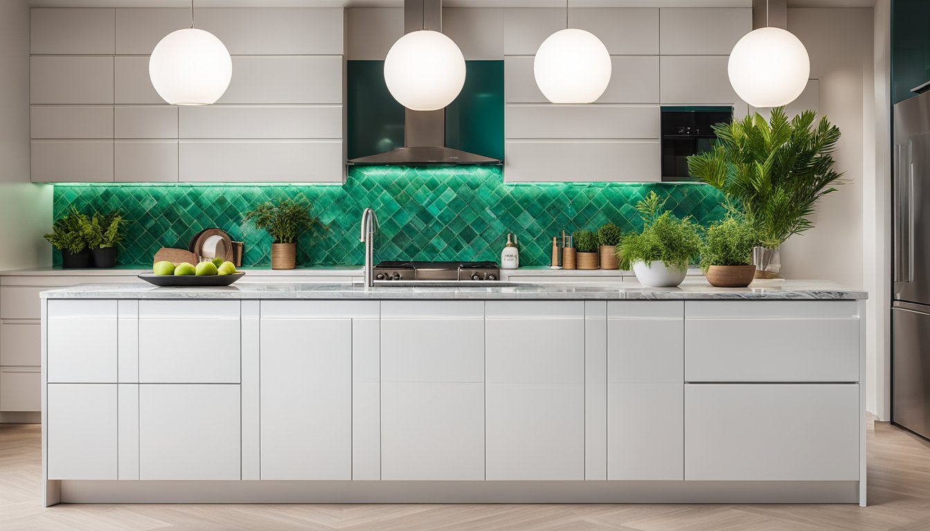 A modern kitchen with sleek white cabinets, marble countertops, and stainless steel appliances. A pop of color is added with vibrant green plants and a statement backsplash