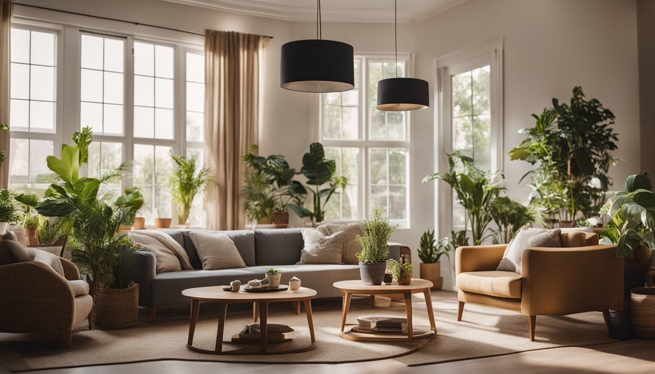 A cozy living room with DIY wall art, thrifted furniture, and potted plants. Natural light streams in through open curtains, creating a warm and inviting atmosphere