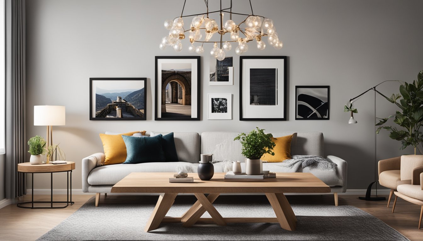 A living room with cozy throw pillows, a stylish area rug, and a gallery wall of budget-friendly art. A dining area with a chic pendant light, colorful table settings, and a DIY centerpiece