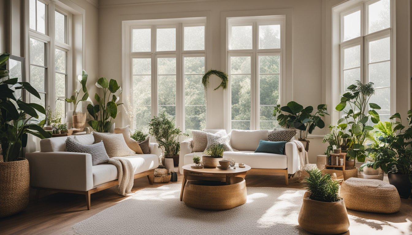 A cozy living room with DIY decor: framed prints, potted plants, and thrifted knick-knacks. Bright natural light streams in through open windows