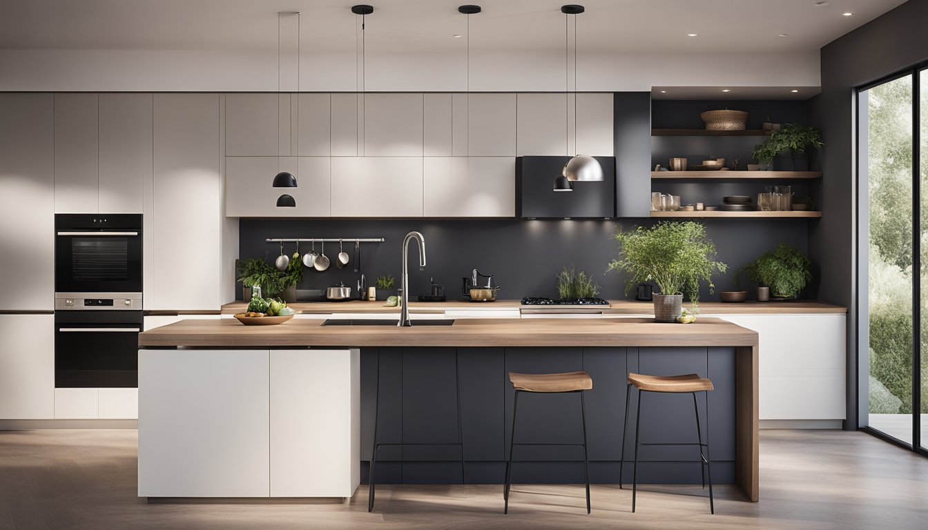 A modern kitchen with sleek, minimalist design, featuring smart appliances and sustainable materials. Open floor plan with natural light and indoor-outdoor connectivity