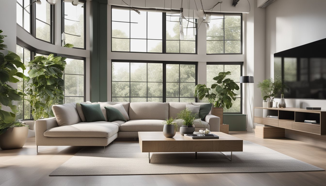 A modern, minimalist living room with sleek furniture and smart home technology. Neutral colors with pops of greenery and natural light flooding in from large windows