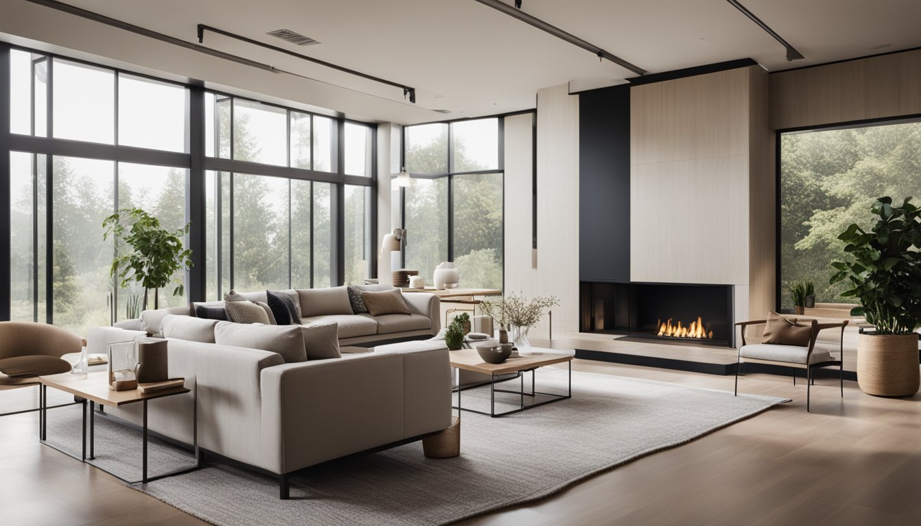 A sleek, open-concept living room with clean lines, neutral colors, and natural light pouring in through large windows. A minimalist fireplace and simple, modern furniture complete the look