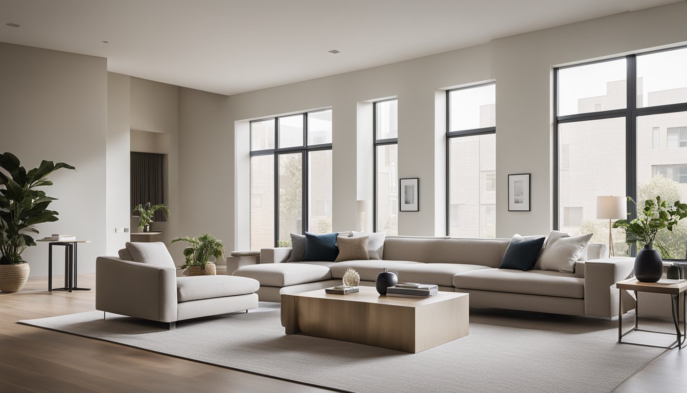 A sleek, modern living room with clean lines, neutral colors, and minimal furniture. Large windows let in natural light, and a few carefully chosen decorative accents add a touch of personality to the space