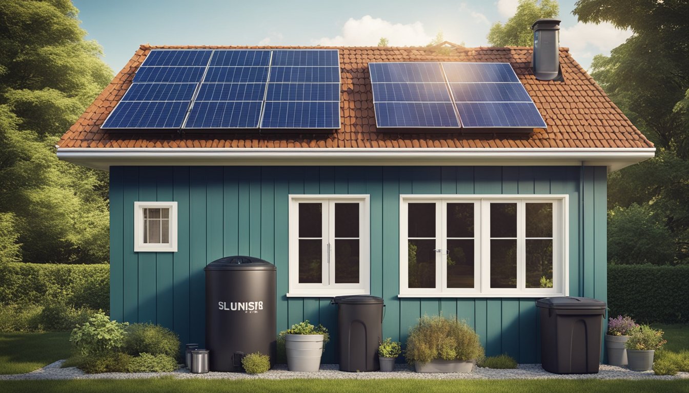 A house with solar panels on the roof, energy-efficient appliances, LED lighting, and double-paned windows. A compost bin and rainwater collection system in the backyard