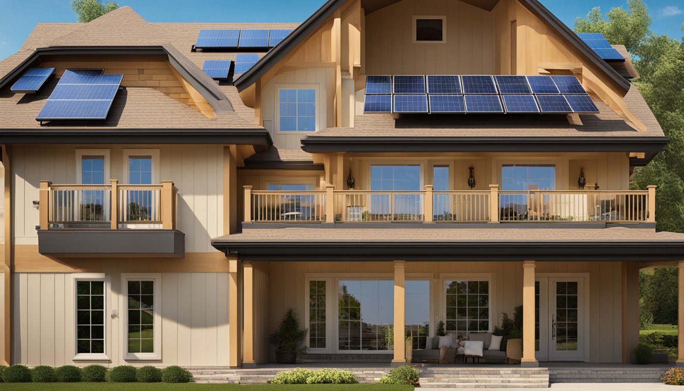 A house with solar panels on the roof, LED light fixtures, and double-pane windows. A smart thermostat controls the HVAC system, and insulation is being added to the walls