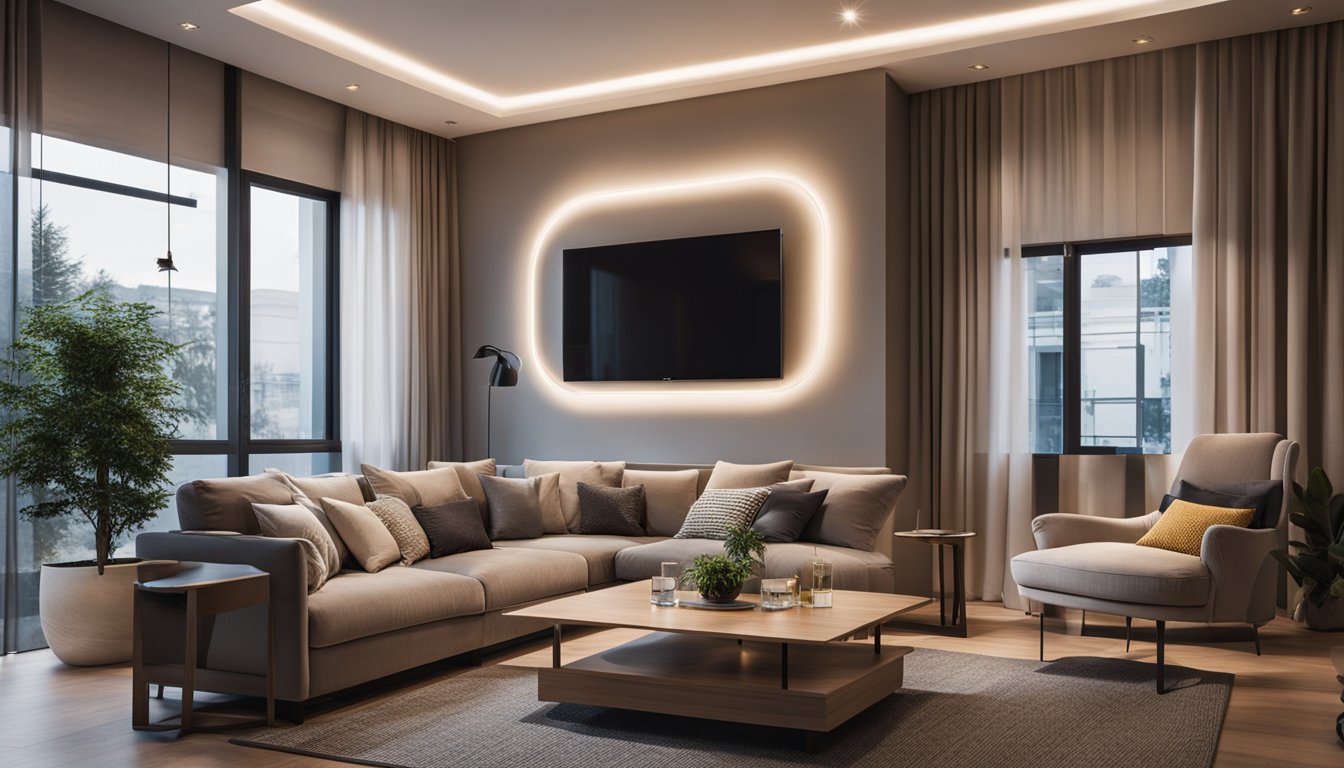 A cozy living room with bright, energy-efficient LED lights illuminating the space. A modern, stylish lamp adds a warm glow to the room