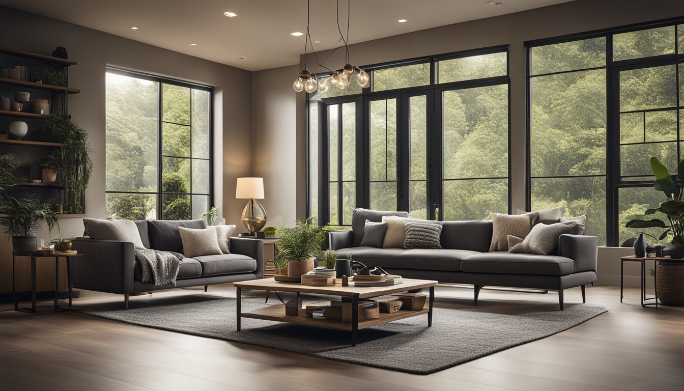 A cozy living room with LED light bulbs, smart lighting controls, and natural light streaming in through energy-efficient windows