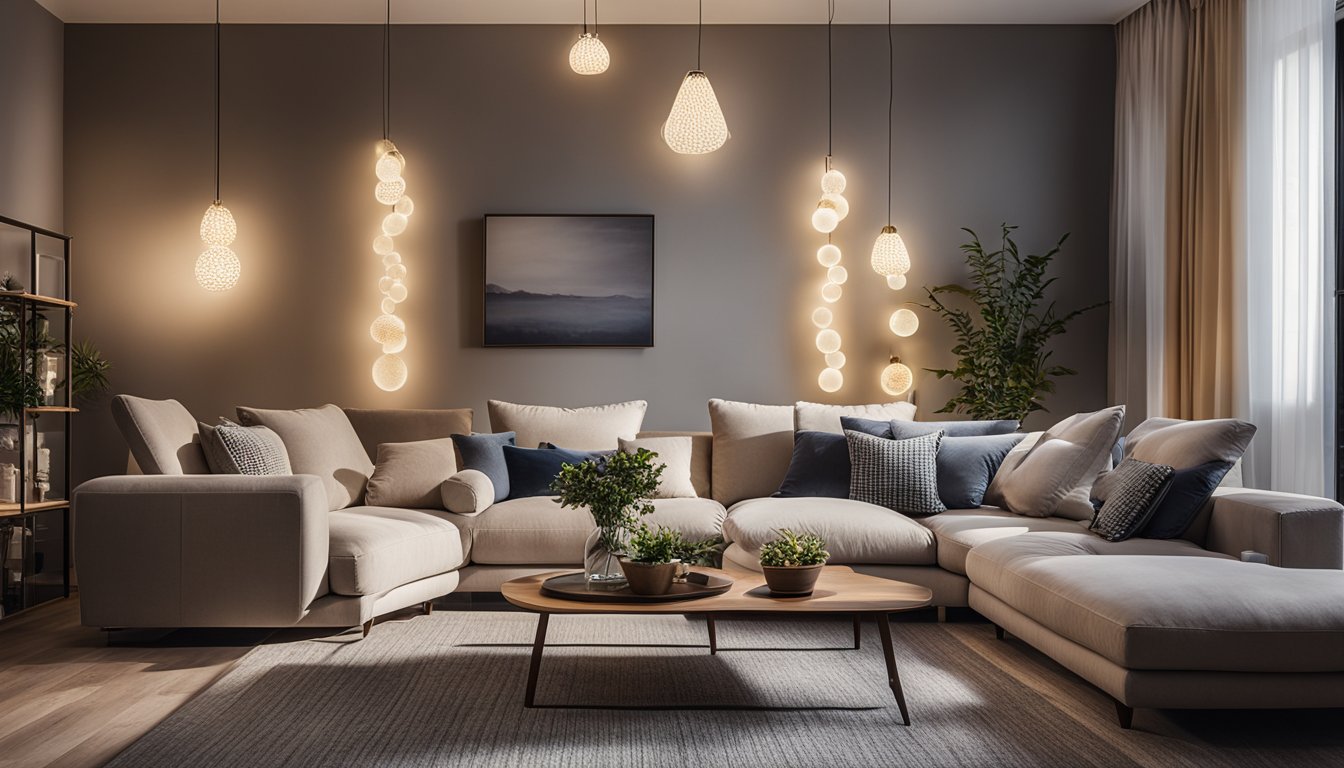 A cozy living room with modern energy-efficient lighting fixtures illuminating the space. A mix of LED bulbs and stylish lamps create a warm and inviting atmosphere