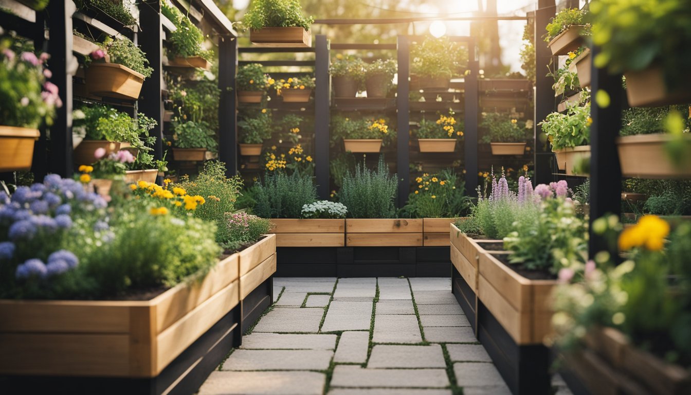 A small garden with raised beds, hanging planters, and vertical trellises. Compact furniture and built-in storage optimize space. Bright flowers and herbs add color and fragrance