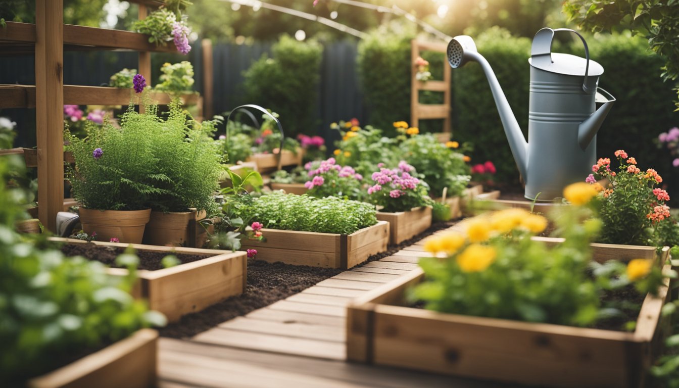 A small garden with raised beds, trellises, and hanging planters. Lush greenery and colorful flowers fill the space. A watering can and gardening tools are neatly organized nearby