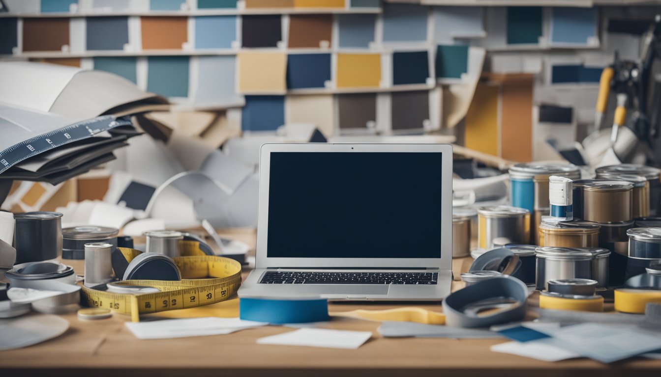 A cluttered room with measuring tape, paint swatches, and a blueprint on a table. Tools and materials stacked in a corner. A laptop open to a home renovation website