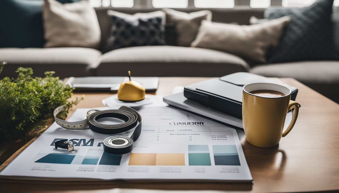 A cozy living room with a vision board, budget planner, and renovation magazine spread out on a coffee table. A tape measure and pencil sit nearby, ready for planning