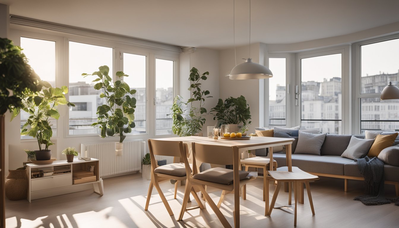 A small apartment with clever space-saving furniture, foldable tables, and multi-functional storage solutions. Bright natural light streams in through large windows, creating a cozy and efficient living space