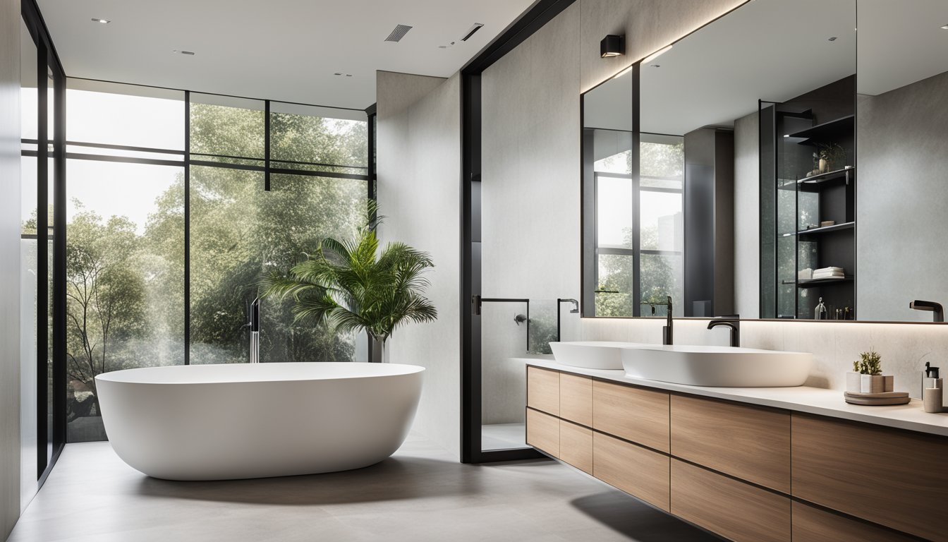 A sleek, minimalist bathroom with a freestanding tub, floating vanity, and large, frameless mirror. The space is bright with natural light and features modern fixtures and clean lines