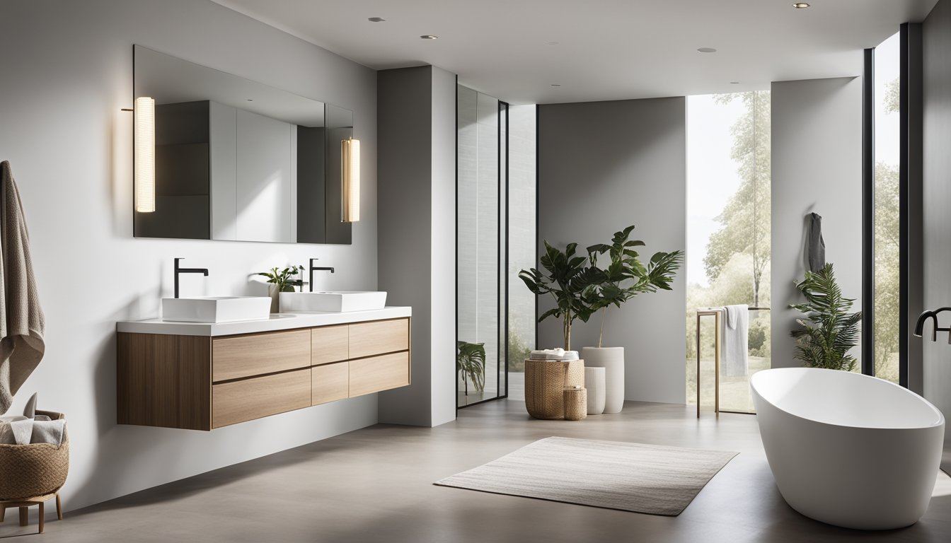 A sleek, minimalist bathroom with a freestanding tub, double vanity, and large, frameless mirror. The space is bright and airy with modern fixtures and clean lines