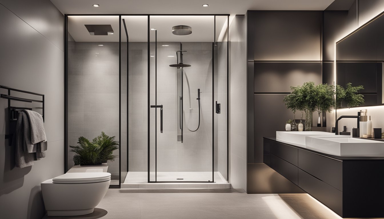 A modern bathroom with sleek fixtures and clean lines, featuring a spacious shower, a stylish vanity, and contemporary lighting