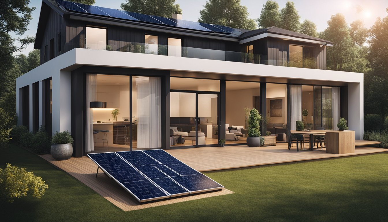 A modern home with solar panels, LED lighting, and smart thermostats, surrounded by energy-efficient windows and insulation