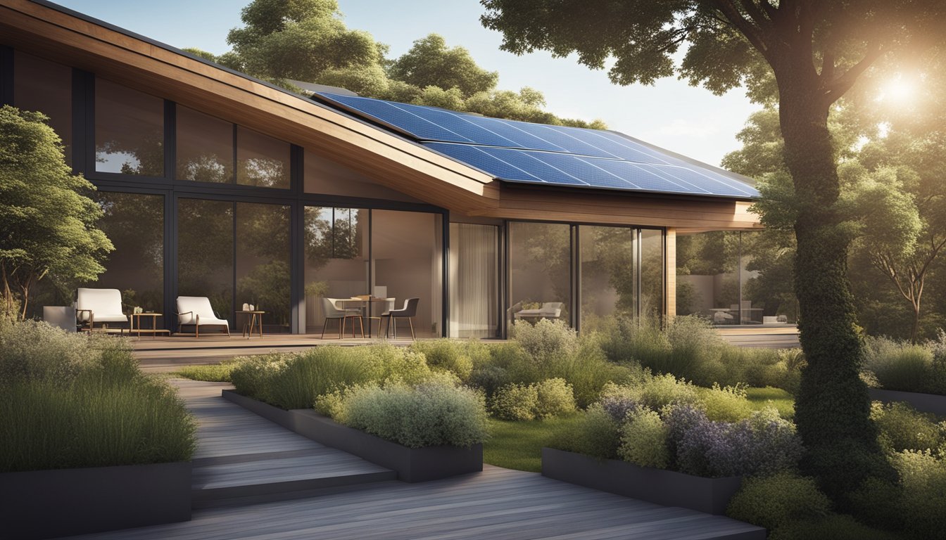 A modern, eco-friendly home with solar panels, a green roof, and large windows for natural light