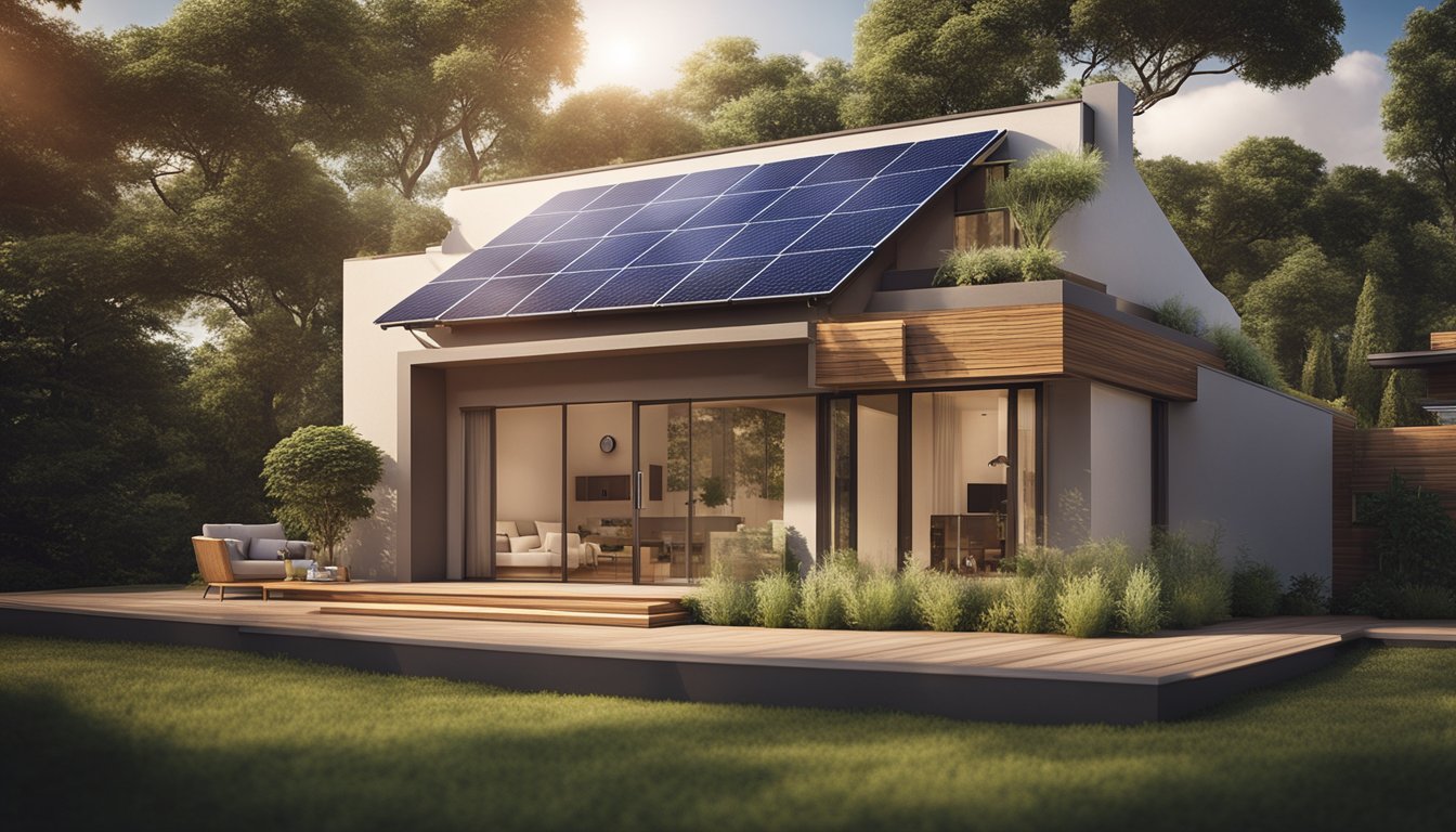 A modern, eco-friendly home with solar panels, energy-efficient appliances, smart home technology, and sustainable materials